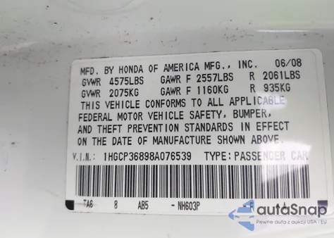 2008 Honda Accord 3.5 Ex-L z USA, uszkodzony, nr VIN 1HGCP36898A076539